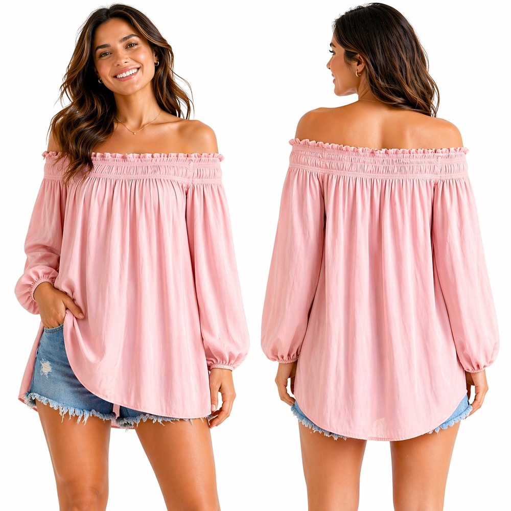 Versona Pink Off The Shoulder Smocked Blouse Balloon Sleeve Boho Top XXL RN37080